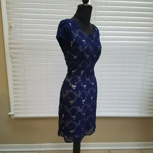 Lace dress with nude underlay & cross back